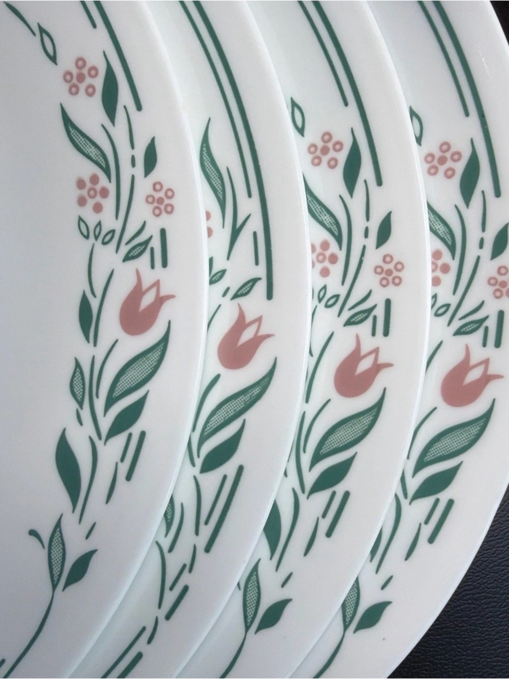 4 Corelle Dinner Plates Rosemarie Pink Tulips Green Rings  10.25" Retired USA